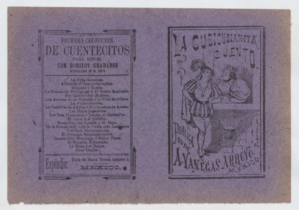 Cover for 'La Cubicubianita Cuento', a figure wearing a feathered hat leaning on a windowsill and talking to a woman, ca. 1890-1910.