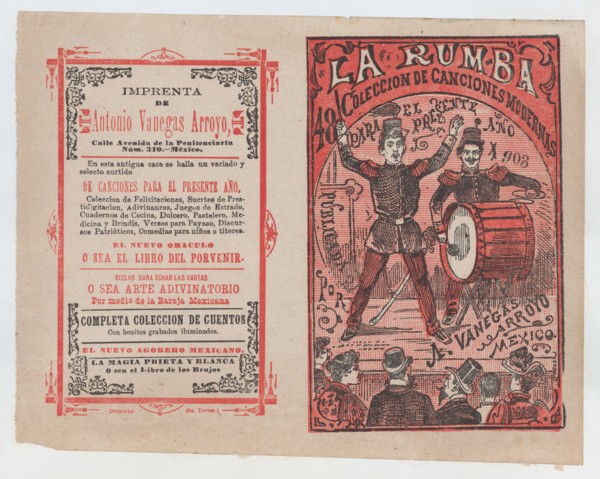 Cover for 'La Rumba: Coleccion de Canciones Modernas para el Presente Año 1903', a conductor and a drummer performing on stage for an audience, ca. 1903.