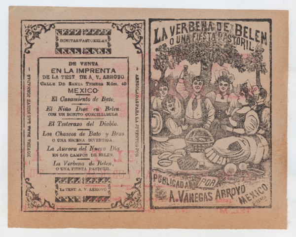 Cover for 'La Verbena de Belen o Una Fiesta Pastoril", people having a picnic in a field, ca. 1901.