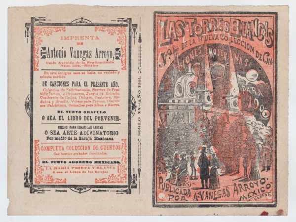 Cover for 'Las Torres Blancas', a group of people walking and looking up at two white towers, ca. 1900.