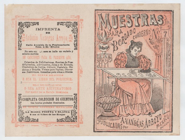 Cover for 'Muestras para Bordado', a woman embroidering, ca. 1890-1910.