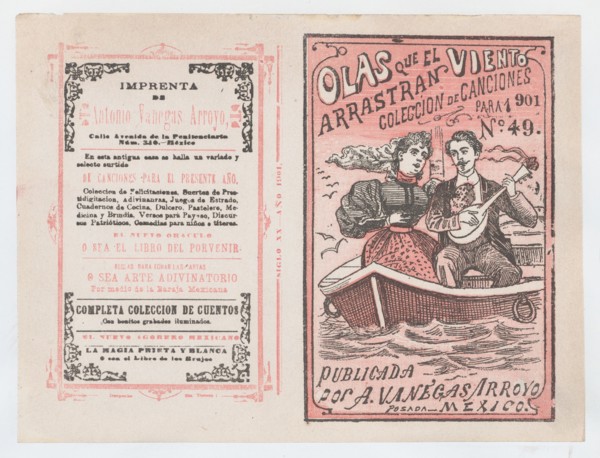 Cover for 'Olas que el Viento Arrastran para 1901', a man serenading a woman in a row boat, ca. 1901.