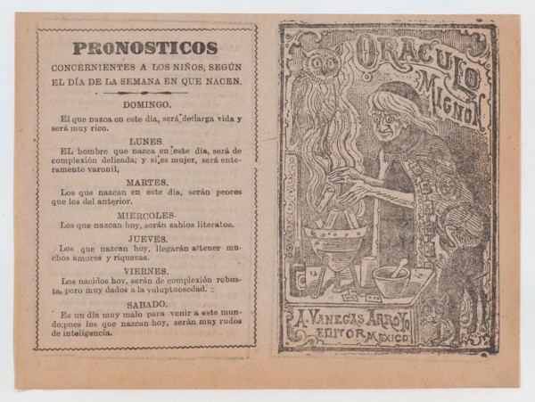 Cover for 'Oraculo Mignon', a witch brewing a potion in a cauldron, ca. 1880-1910.
