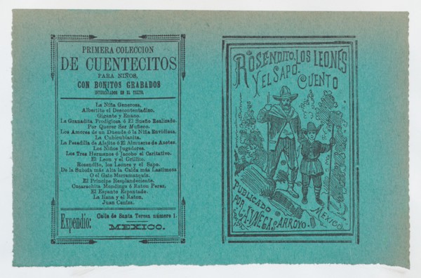 Cover for 'Rosendito, Los Leones, y El Sapo', a young boy and man holding walking sticks, ca. 1890-1910.