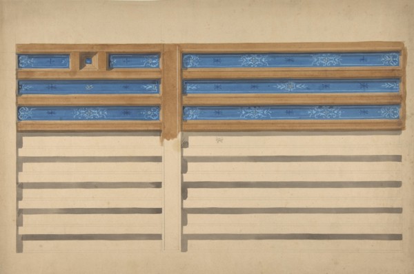 Design for a beamed ceiling with painted panels, 1830-97.
