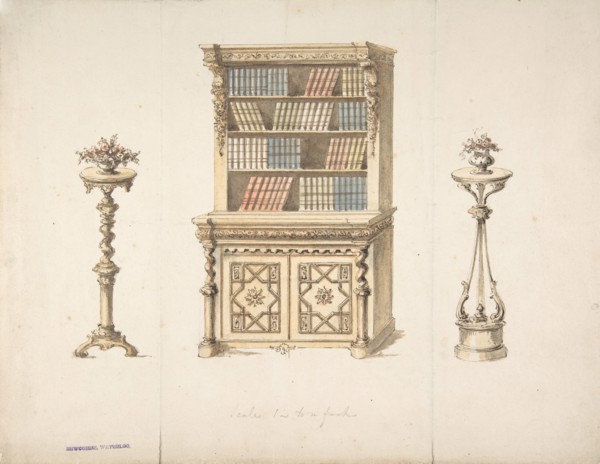 Design for a Cabinet-Bookcase and Two Stands for Flowers, early 19th century.
