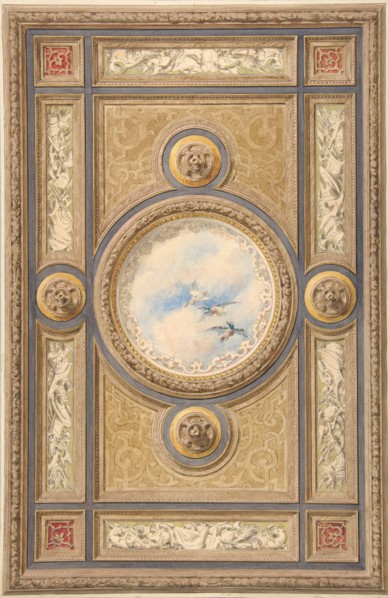 Design for a carved and painted ceiling with clouds and ducks in the central circular panel, 1830-97.
