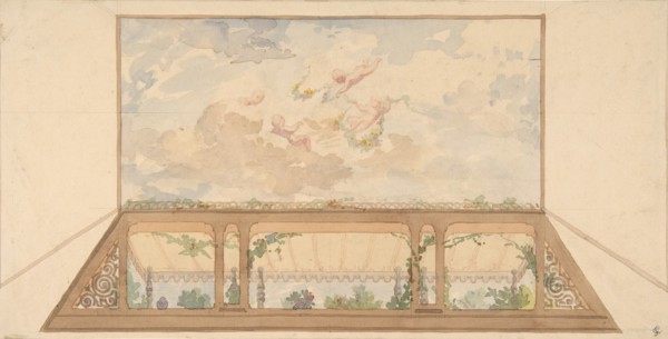 Design for a ceiling painted with a trompe l'oeil awning and putti in clouds, second half 19th century.