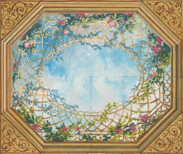 Design for a ceiling painted with clouds, trellises, and roses, second half 19th century.