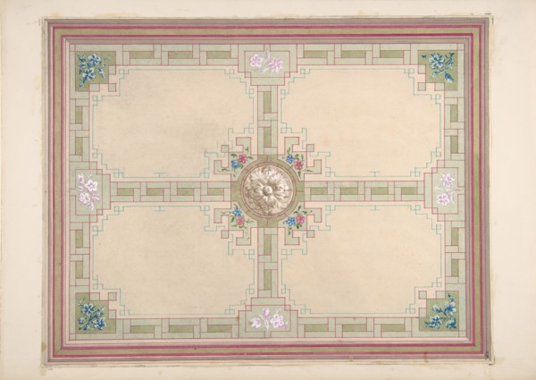 Design for a ceiling with floral accents and Greek key border, second half 19th century.