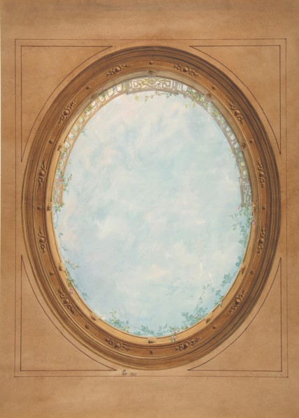 Design for a ceiling with trompe l'oeil balustrade and sky, 1869.
