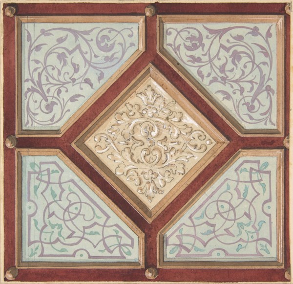 Design for a coffered ceiling with alternative decorative patterns, 1840-97.