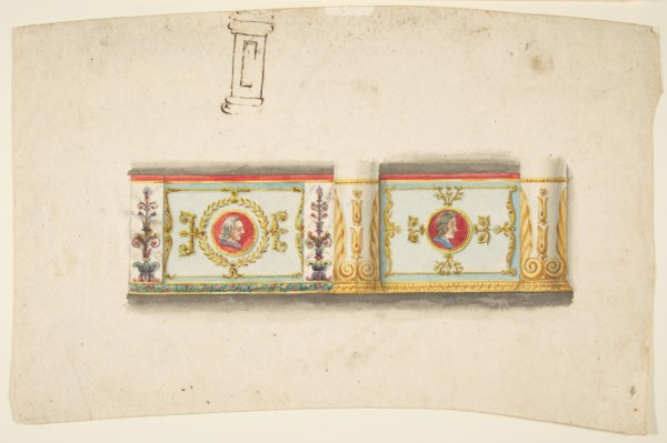 Design for a Decorative Wall Panel with Profile Portraits, and a Study for a Column, 19th century.