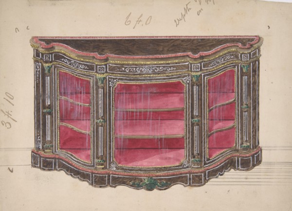Design for a Glass Fronted Cabinet with Red Interior, 19th century.