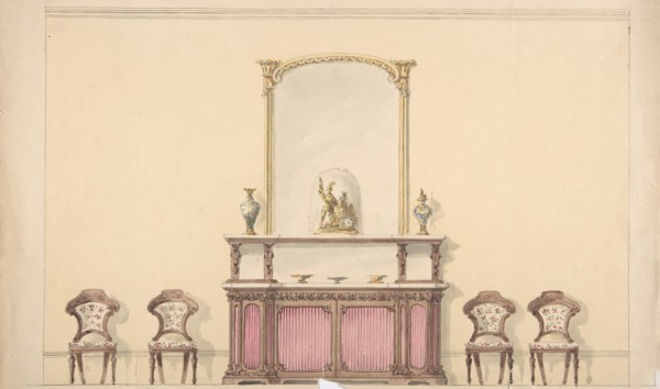 Design for a Mirrored Cabinet and Four Chairs, early 19th century.