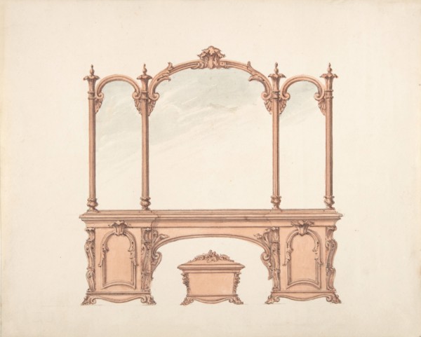 Design for a Mirrored Sideboard with Rococo Ornament, and Casket, early 19th century.