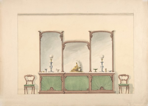 Design for a Mirrored Three Sectioned Marble-topped Cabinet and Two Chairs, early 19th century.