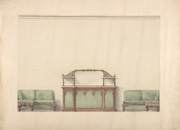 Design for a Mirrored, Marble-topped Cabinet and Two Sofas, early 19th century.