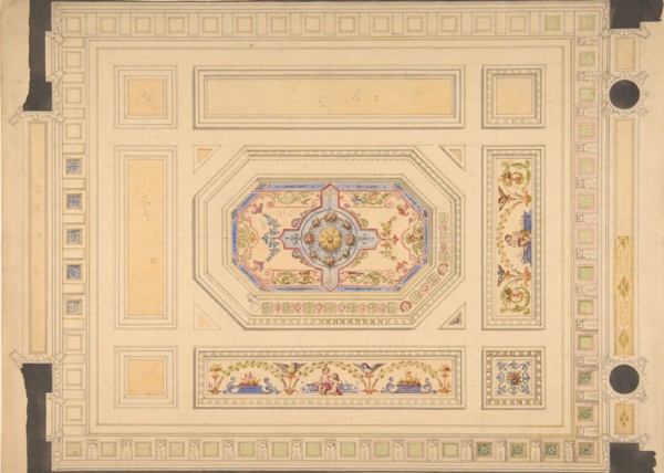 Design for a paneled ceiling painted with putti, birds, and floral motifs, 19th century.