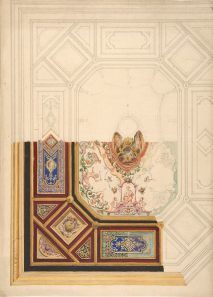 Design for a paneled ceiling to be painted in grotesque motifs, 19th century.
