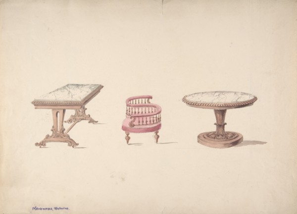 Design for a Rectangular and Round Marble-topped Tables and a Tête-à Tête Chair, early 19th century.