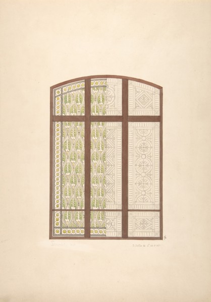 Design for an arched stained glass window, showing two alternative patterns, 1869.