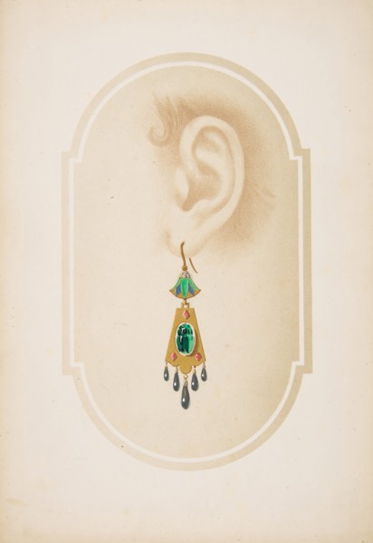 Design for an earring with a green scarab, 19th century.