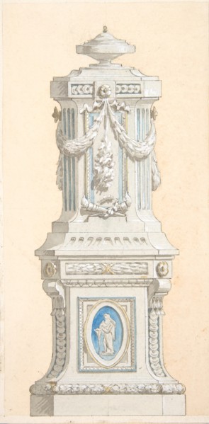 Design for an ornamented stone pedestal surmounted by an urn, 1830-97.