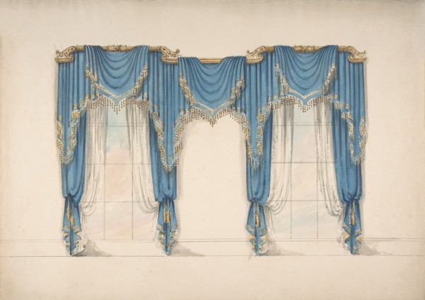 Design for Blue Curtains with Gold Fringes and Pediments, early 19th century.