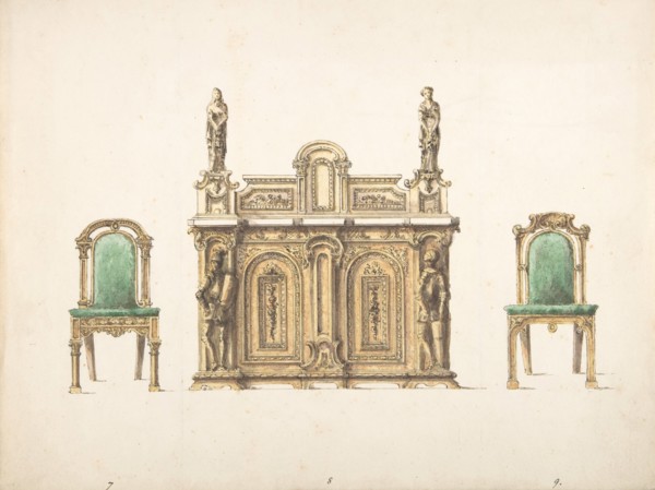 Design for Cabinet Ornamented with Carved Knights and Ladies, and Two Chairs, early 19th century.