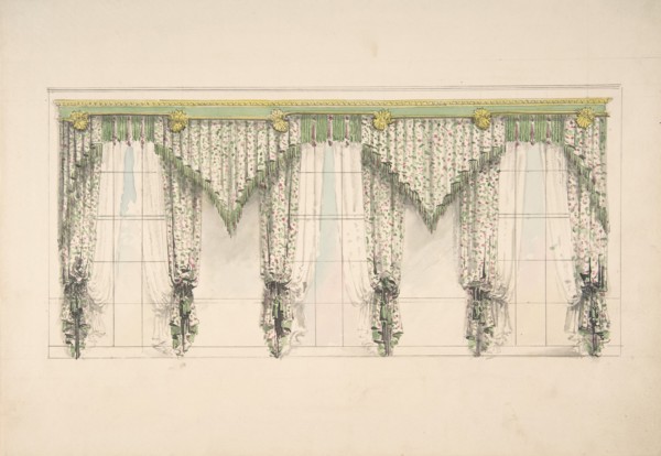 Design for Curtains with Pink, Green and White Floral Fabric and Pink and Green Fringes, ca. 1820.