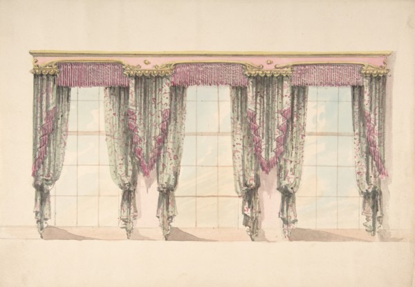 Design for Gray and Pink Curtains with Pink Fringes and a PInk and Gold Pediment, early 19th century.