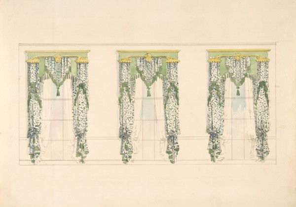 Design for Green and White Curtains with Green Fringes and a Green and Gold Pediment, early 19th century.