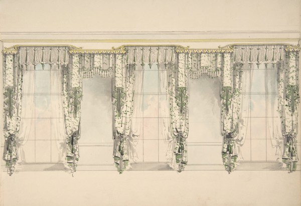 Design for Green and White Curtains with Green Fringes, and White and Gold Pediments, ca. 1820.