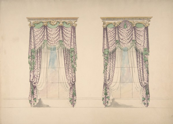 Design for Pink and White Curtains with Green Fringes, and Gold and White Pediments, ca. 1820.