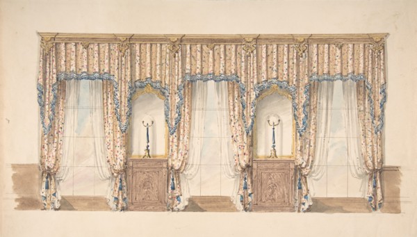 Design for Pink, Gold, Blue and White Curtains with Blue Fringes and a Gold and Wood Pediment, early 19th century.