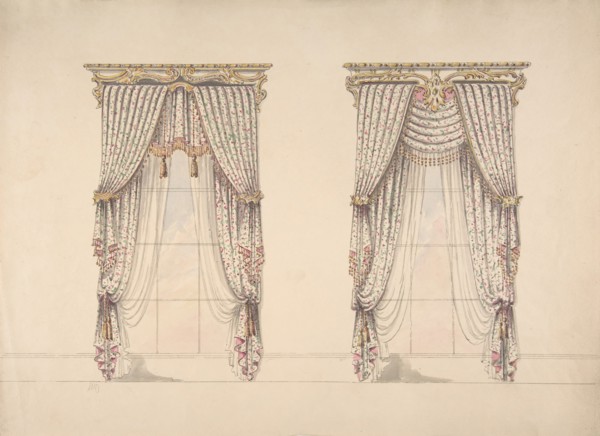 Design for Pink, Green and White Curtains with Pink and Gold Fringes and a Gold and White Pediment, early 19th century.