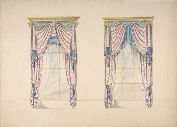 Design for Pink, White and Blue Curtains with Blue Fringes, and Gold and Blue Pediments, ca. 1820.