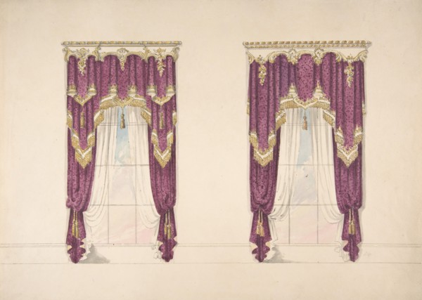 Design for Purple Curtains with Gold Fringes and a Gold and White Pediment, early 19th century.