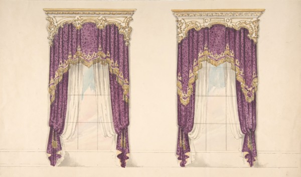 Design for Purple Curtains with Gold Fringes and a Gold and White Pediment, early 19th century.