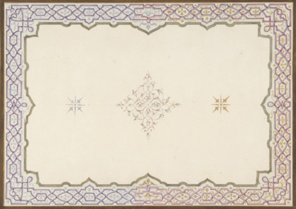 Design for the decoration of a ceiling with a border of strapwork and a central filagree medallion, 1830-97.