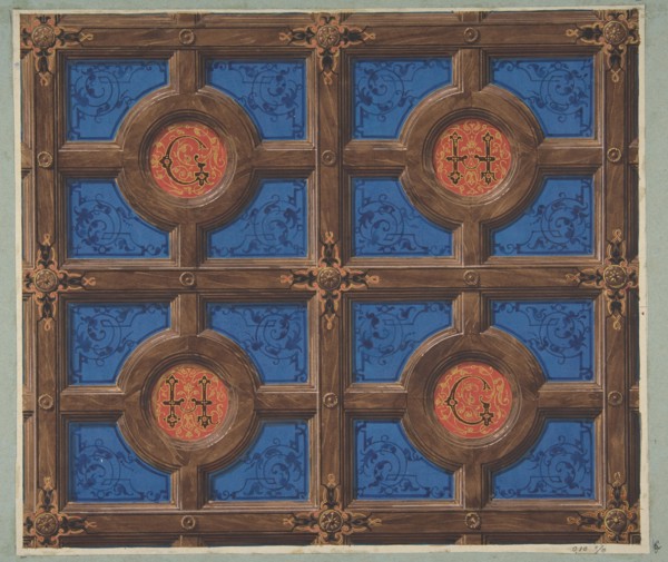 Design for the painted decoration of a coffered ceiling incorporating initials (G and H) for a house on the rue de Clichy, 1830-97.
