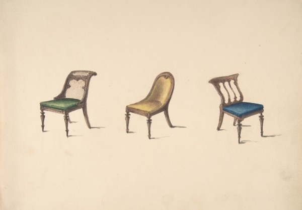 Design for Three Chairs with Slanted Backs, Green, Yellow and Blue Upholstery, early 19th century.
