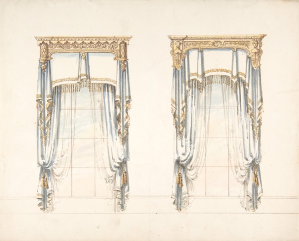 Design for Two White Curtains with Gold Fringes and a Gold Pediment, early 19th century.
