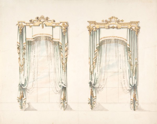 Design for Two White Curtains with Gold Fringes and a White and Gold Pelmets, early 19th century.