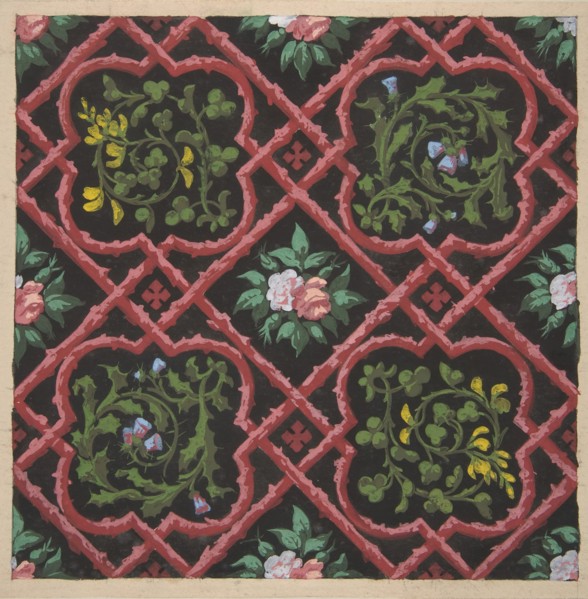 Design for wallpaper featuring flowers and latticework, 1830-97.