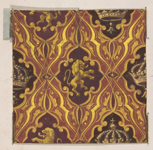Design for wallpaper featuring rampant lions and crowns, 1830-97.