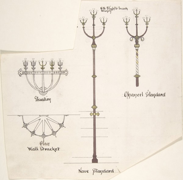 Designs for Church Lights: Wall Bracket, Nave Standard, Chancel Standard, ca. 1880.