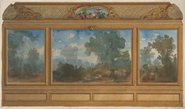 Elevation of a paneled interior decorated with painted landscapes and coves with cartouches and flowers, 1830-97.