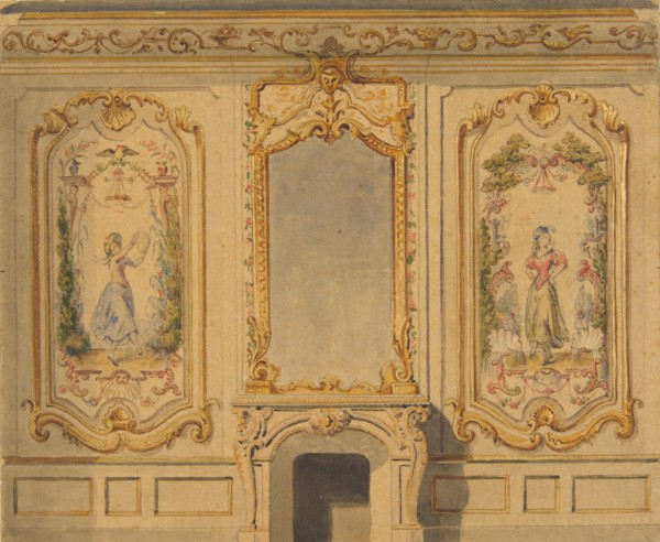 Elevation of an interior wall decorated with a chimney piece surmounted by a mirror and flanked with painted panels, 1830-97.